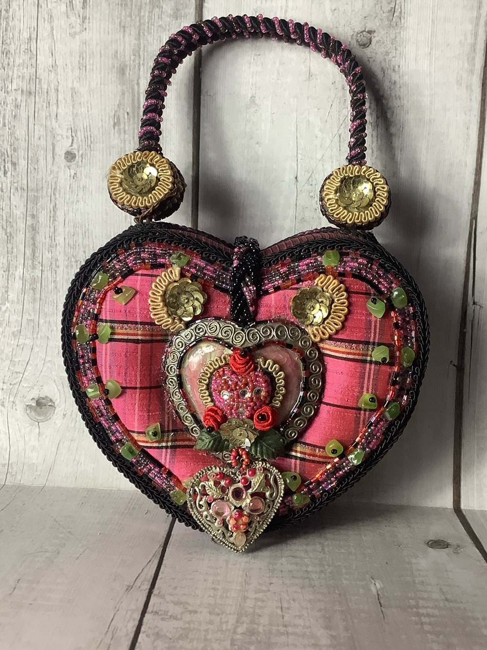 Mary Frances Pink Plaid Heart Embellished Beaded Handbag